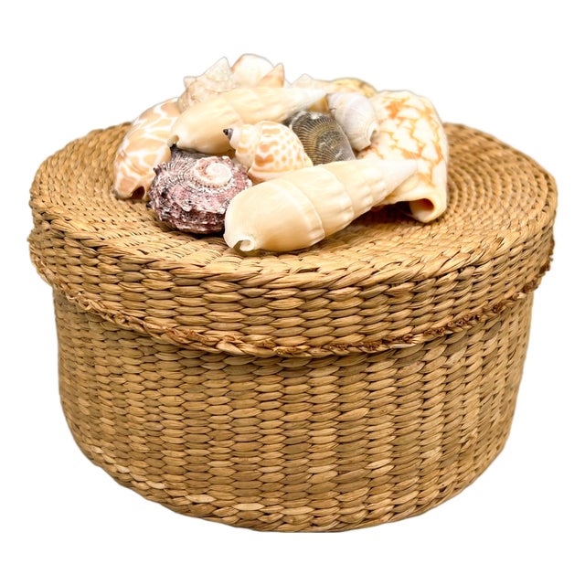 Vintage Woven Basket Box With Seashell-Adorned Lid — Coastal / Bohemian For Sale