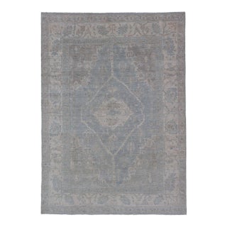 Modern Oushak With a Light Blue-Gray Background With Medallion & Tribal Motifs 5'10"x8'9" For Sale