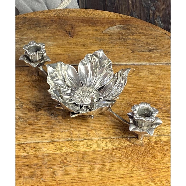 Flower Candleholder with Lotus Flower Heart Ashtray with Removable Petals in Silver-Plated Metal, 1960s For Sale - Image 14 of 14