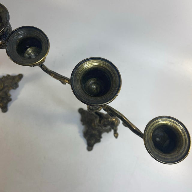 Metal Vintage Pair Cherub Three Armed Candle Holder Cast Metal Italy Chateau Style For Sale - Image 7 of 11