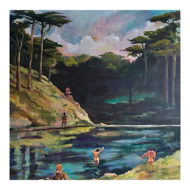 "The Boys at the River" Large Impressionist Nude Figurative Landscape Painting by Michele Zuzalek For Sale