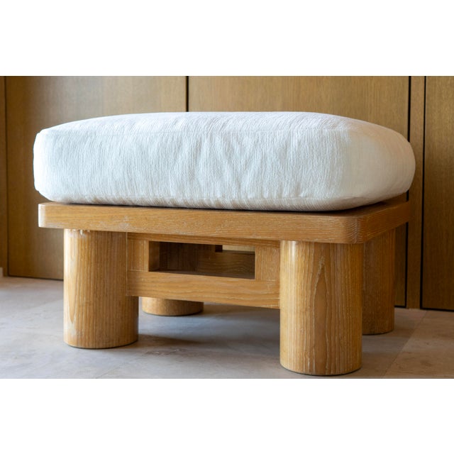 Sculptural dowel wood ottoman by Karl Springer, featuring the designer’s characteristic use of bold architectural forms...
