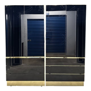 1960s Pair of Navy Blue Glass and Brass Ello Wardrobe Cabinets For Sale
