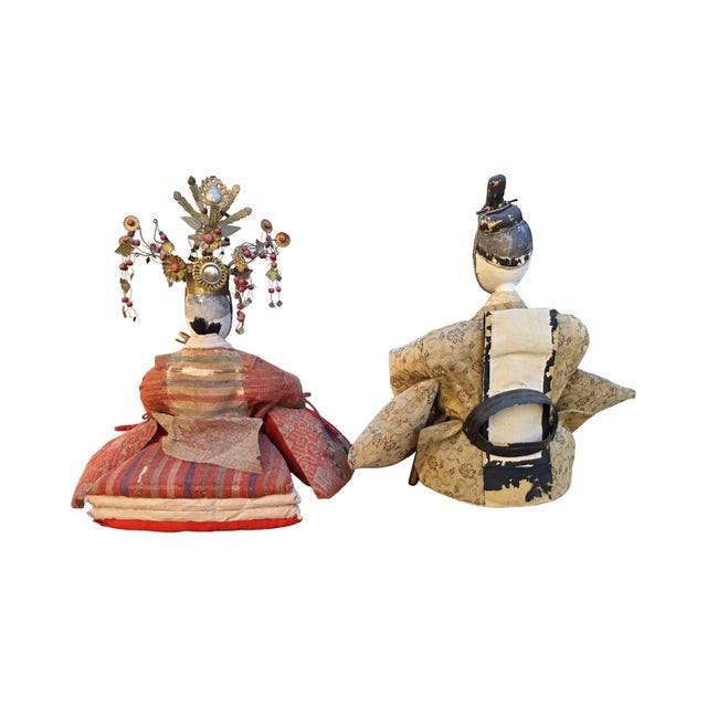Japanese Antique Japanese Meiji Period Hina Emperor & Empress Gofun Dolls – Imperial Pair, 13–14 Inches For Sale - Image 3 of 9