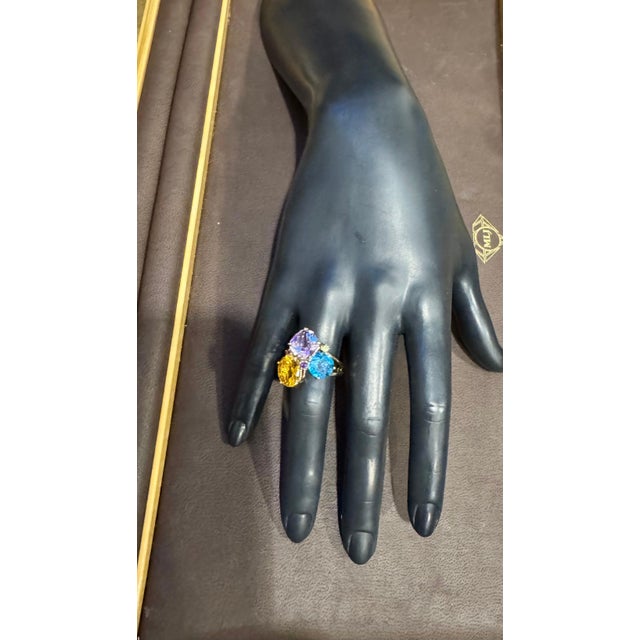 Gemstone Blue Topaz, Citrine, Pink Amethyst Cocktail Ring 14 Karat Yellow Gold Estate S7 For Sale - Image 7 of 18
