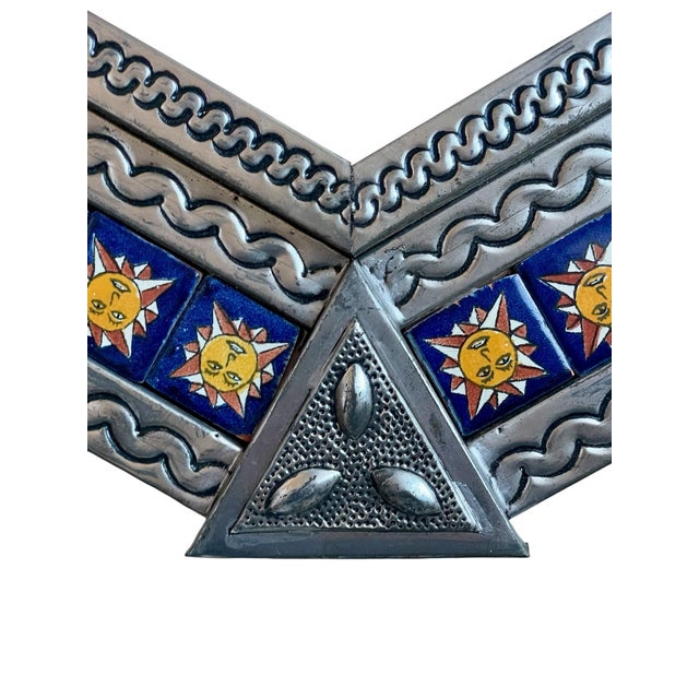 Mexican Mexican Punched Tin Talavera Tile Mirror 19x28” For Sale - Image 3 of 6