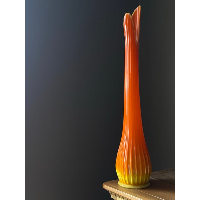 Vintage 60's Bittersweet l.e. Smith Orange Art Glass Swung Vase 30 1/2" Tall MCM Handblown Floor Vase For Sale - Image 11 of 15
