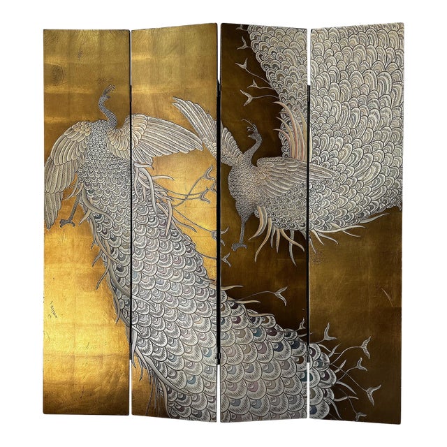 Vintage Gilt Peacock 4-Panel Folding Screen, Maitland Smith Attributed, Asian Modern For Sale