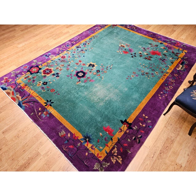 Textile Vintage Art Deco Chinese Rug, Hand-Knotted Wool, Floral Motif, Turquoise & Purple, 9x12 For Sale - Image 7 of 18