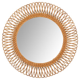 Mid-Century Italian Bamboo and Wicker Round Mirror by Franco Albini, 1960s For Sale