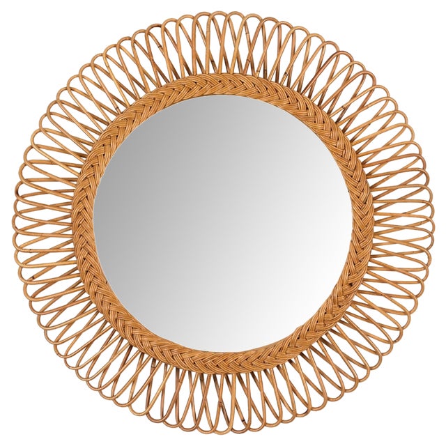 Mid-Century Italian Bamboo and Wicker Round Mirror by Franco Albini, 1960s For Sale