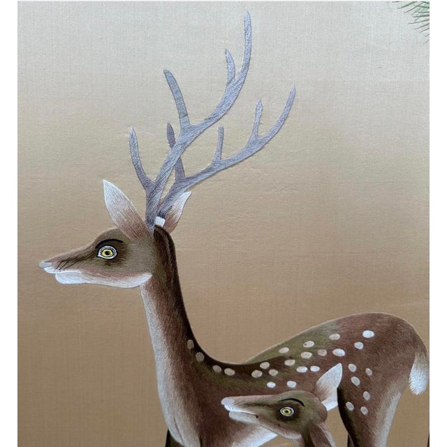 Antique Japanese Meiji Two-Panel Embroidered Silk Screen W/ Deer & Pine, C. 1880 For Sale - Image 4 of 18
