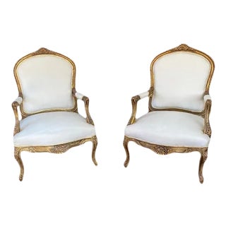 Vintage French Gilt Fauteuil Armchairs - A Pair For Sale