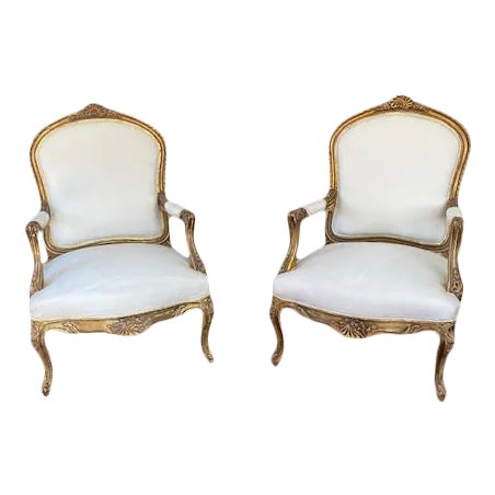 Vintage French Gilt Fauteuil Armchairs - A Pair For Sale