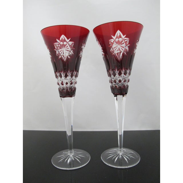 Waterford Red Snowflake Crystals 9 3/8" Fluted Champagne Glass Set of 2 For Sale In Portland, OR - Image 6 of 13