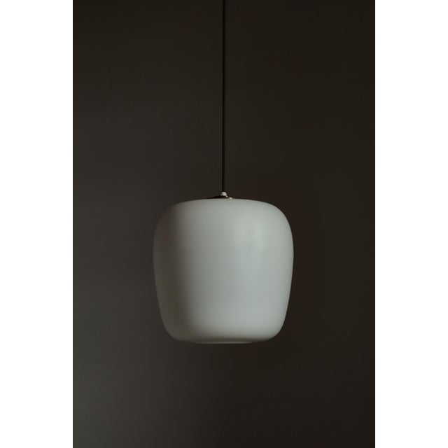 Danish Modern Funkis Pendants in Opal Glass and Brass attributed to Fog & Mørup, 1940s, Set of 2 For Sale - Image 3 of 13