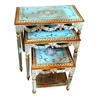 Elegant French Nesting Tables – Set of 3 Blue Side Tables With Glass Tops & Gold Leaf For Sale