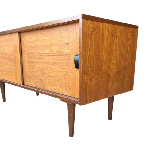 Restored 1960s Danish Modern Teak Cabinet With Sliding Doors and Tapered Legs For Sale - Image 12 of 14