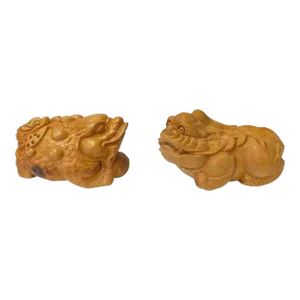 Chinese Pair Wood Carved Mini Mythical Pixiu FengShui Figures