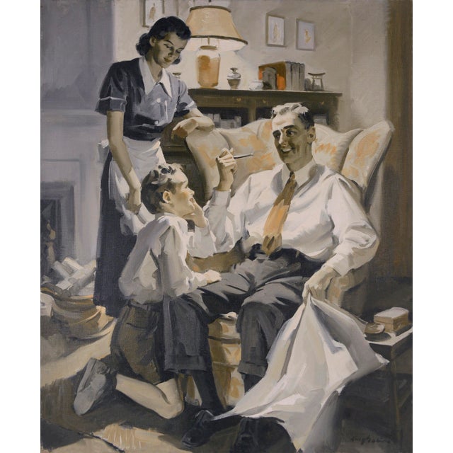 "Happy Family", Mid Century Sepia Figurative Interior Scene, Illustration Art by Charles Kinghan A classic and...