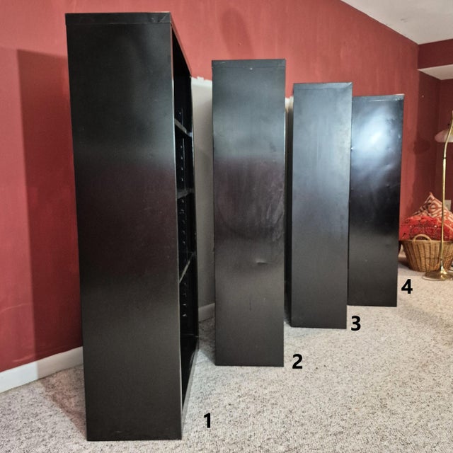 Metal Vintage MCM Industrial Black Steel Tanker Bookcases Book Shelves W/ Adjustable Shelves, Set of 4 For Sale - Image 7 of 18