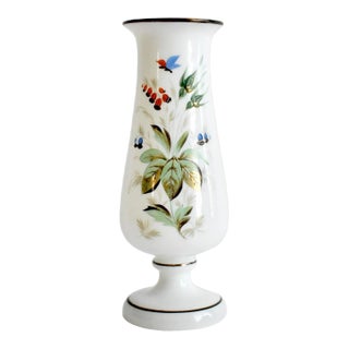 Antique Hand-Painted White Glass Vase For Sale