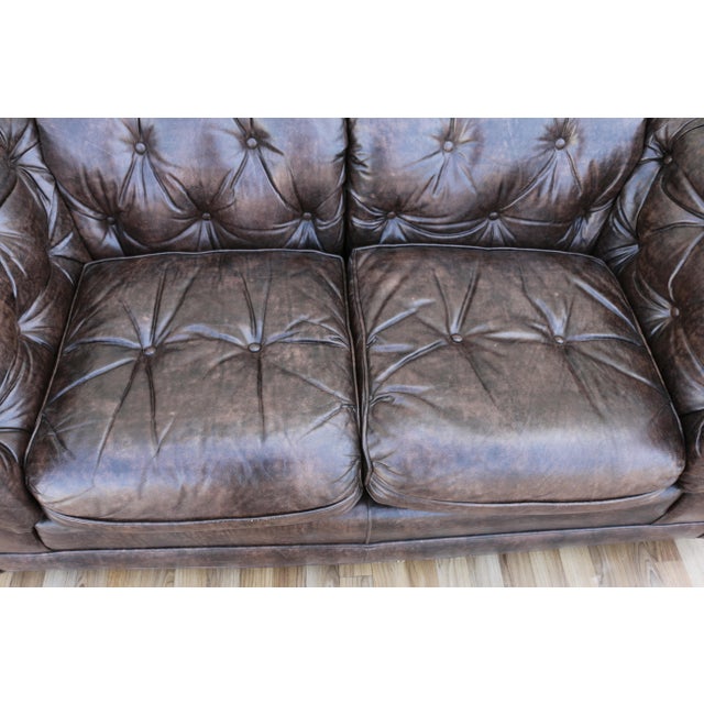 Vintage 1970s Leather Chesterfield Loveseat Sofa | Tufted Brown Leather Couch | Classic Club Style For Sale - Image 9 of 18