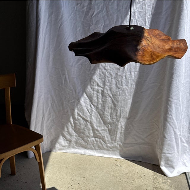 Wood Large Flat Wavy Leaf-Shaped Teak Pendant Light with Floral Stripes, 1980s For Sale - Image 7 of 11
