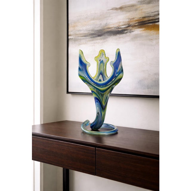 Contemporary Hand-Blown Studio Art Glass Sculpture in Blue & Green With Freeform Crown For Sale In Los Angeles - Image 6 of 6