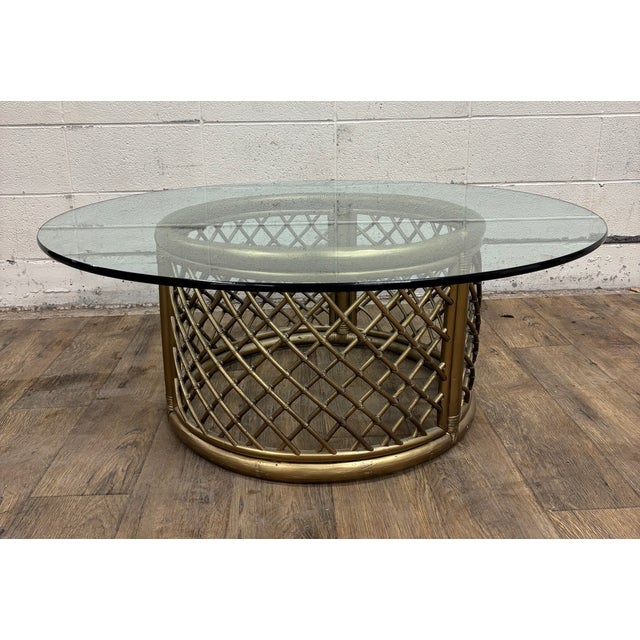 Vintage Boho Style Rattan and Glass Round Coffee Table Cocktail Table For Sale - Image 13 of 15