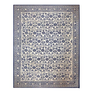 1890s Ivory Background Geometric Blue Floral Design Antique Chinese Peking Rug For Sale