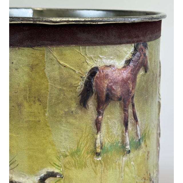 Brown Vintage Decoupage Tin Waste Basket or Umbrella Stand For Sale - Image 8 of 9