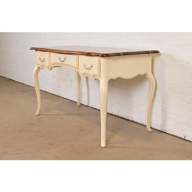 Ethan Allen French Provincial Louis XV Cream Lacquered Maple Top Writing Desk For Sale - Image 11 of 11