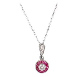 Art Deco Style Diamond Ruby Target Platinum 14k White Gold Pendant Necklace For Sale