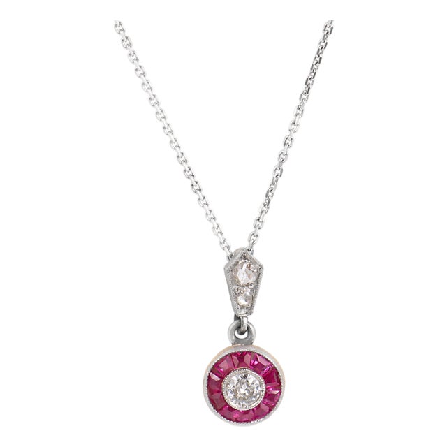 Art Deco Style Diamond Ruby Target Platinum 14k White Gold Pendant Necklace For Sale