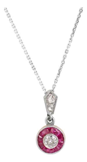 Art Deco Style Diamond Ruby Target Platinum 14k White Gold Pendant Necklace
