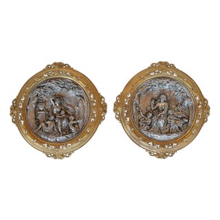 Pair of Italian Deep Relief Figural Metal Wall Plaques, Late 19th Century. For Sale