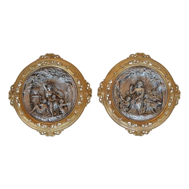 Pair of Italian Deep Relief Figural Metal Wall Plaques, Late 19th Century. For Sale
