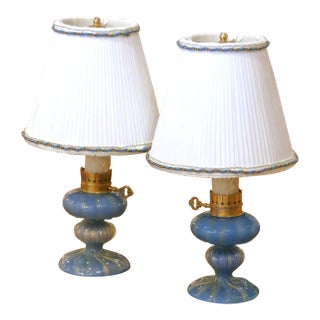 Pair of Mid-Century Italian Murano Blue Art Glass Table Lamps With Custom Shades For Sale