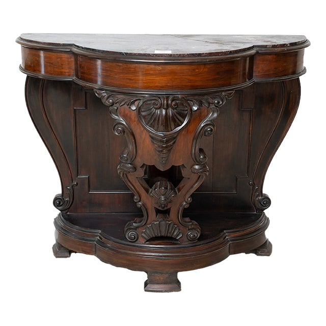 Antique 19th Century Neapolitan Louis Philippe Console Table in Fine Exotic Wood with Levanto Marble Top For Sale