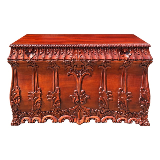 “Early 20th Century Indonesian Hand-Carved Floral Dowry Chest With Removable Interior Tray” For Sale