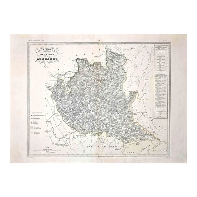 Map of Lombardy, Original Etching, 19th Century For Sale