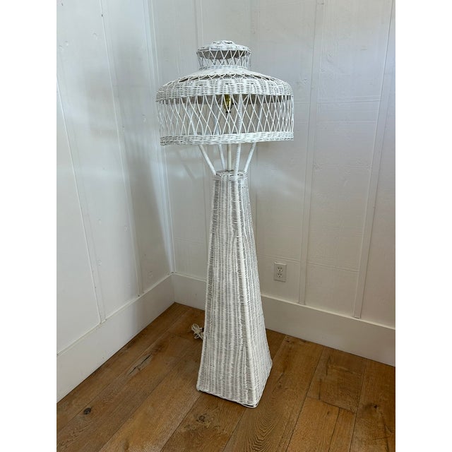 Coastal Vintage White Wicker Floor Lamp With Tiered Dome Shade For Sale - Image 3 of 14