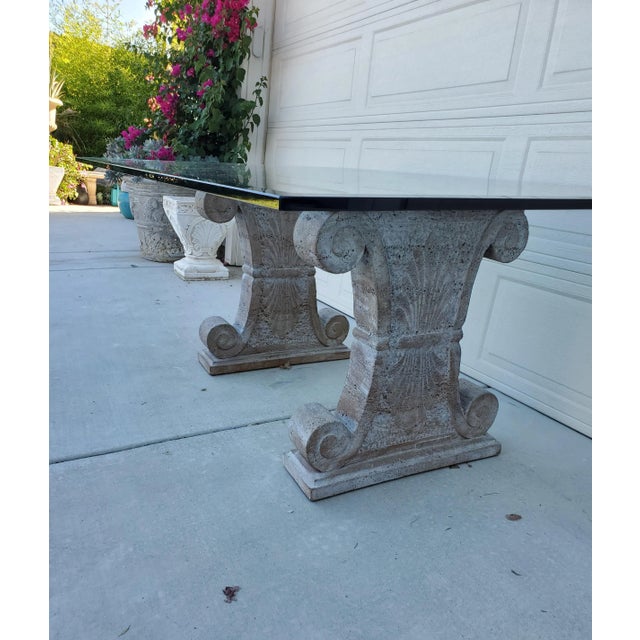 1980s Vintage Beveled Edge Glass Top Dining Table on Cast Stone Scroll Pedestals For Sale In San Diego - Image 6 of 13