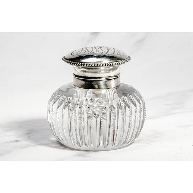 Brilliant Large Antique Cut Crystal Paperweight Inkwell With Sterling Silver Lid Luxury Desk Accessory Home Decor For Sale - Image 11 of 17