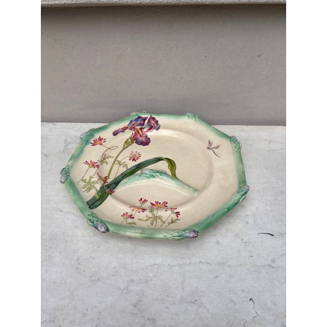Rare 19th French Majolica Asparagus octogonal plate signed Iris Longchamp. Iris, dragonfly and daisies.