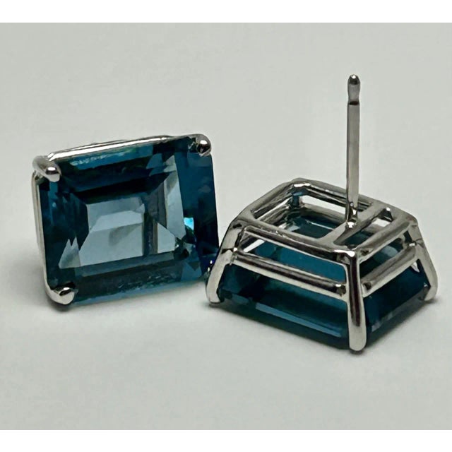 14k White Gold & Emerald Cut London Blue Topaz Earrings - 2 Pieces For Sale In Washington DC - Image 6 of 7