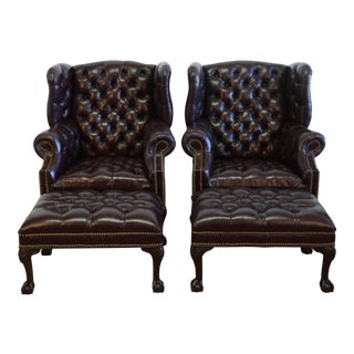 Tufted Chesterfield Set of Wing Back Chairs and Ottomans For Sale