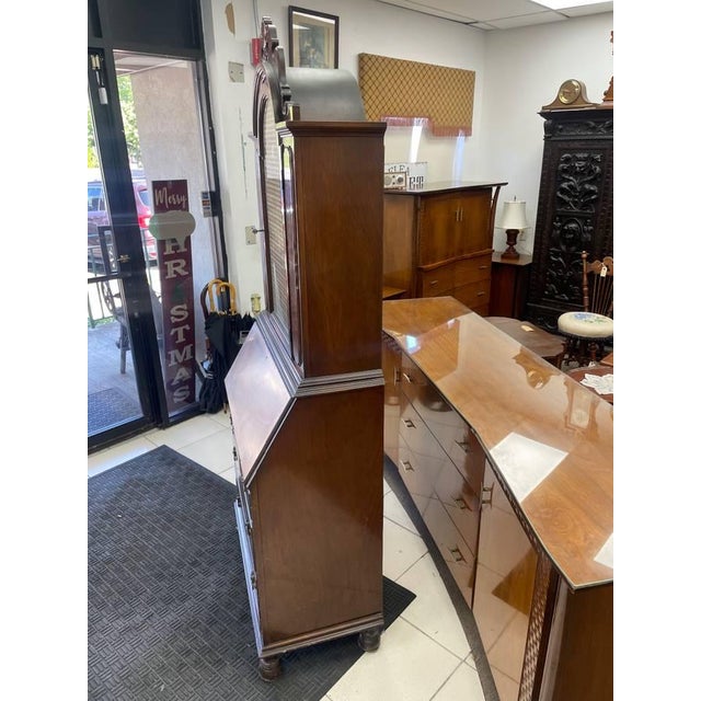 Antique Secretary Desk, Brass Backed Screen Glass Door, Burl Wood Inlay, Two Shelves For Sale - Image 10 of 12