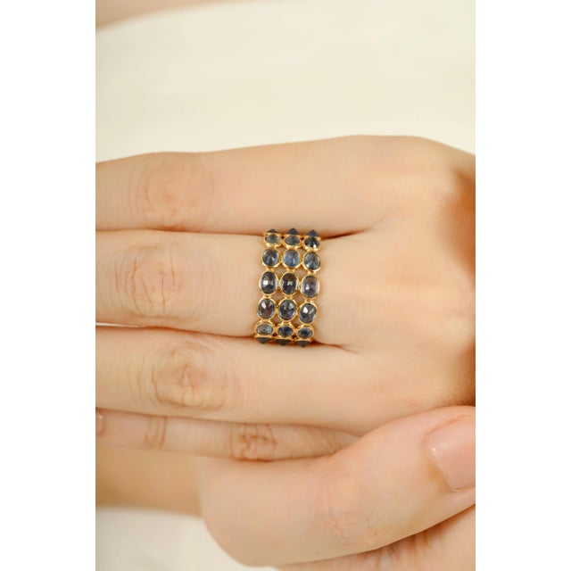 9.54 Ct Natural Blue Sapphire Triple Row Wide Band Ring Size 5 in 14k Gold For Sale In New York - Image 6 of 15